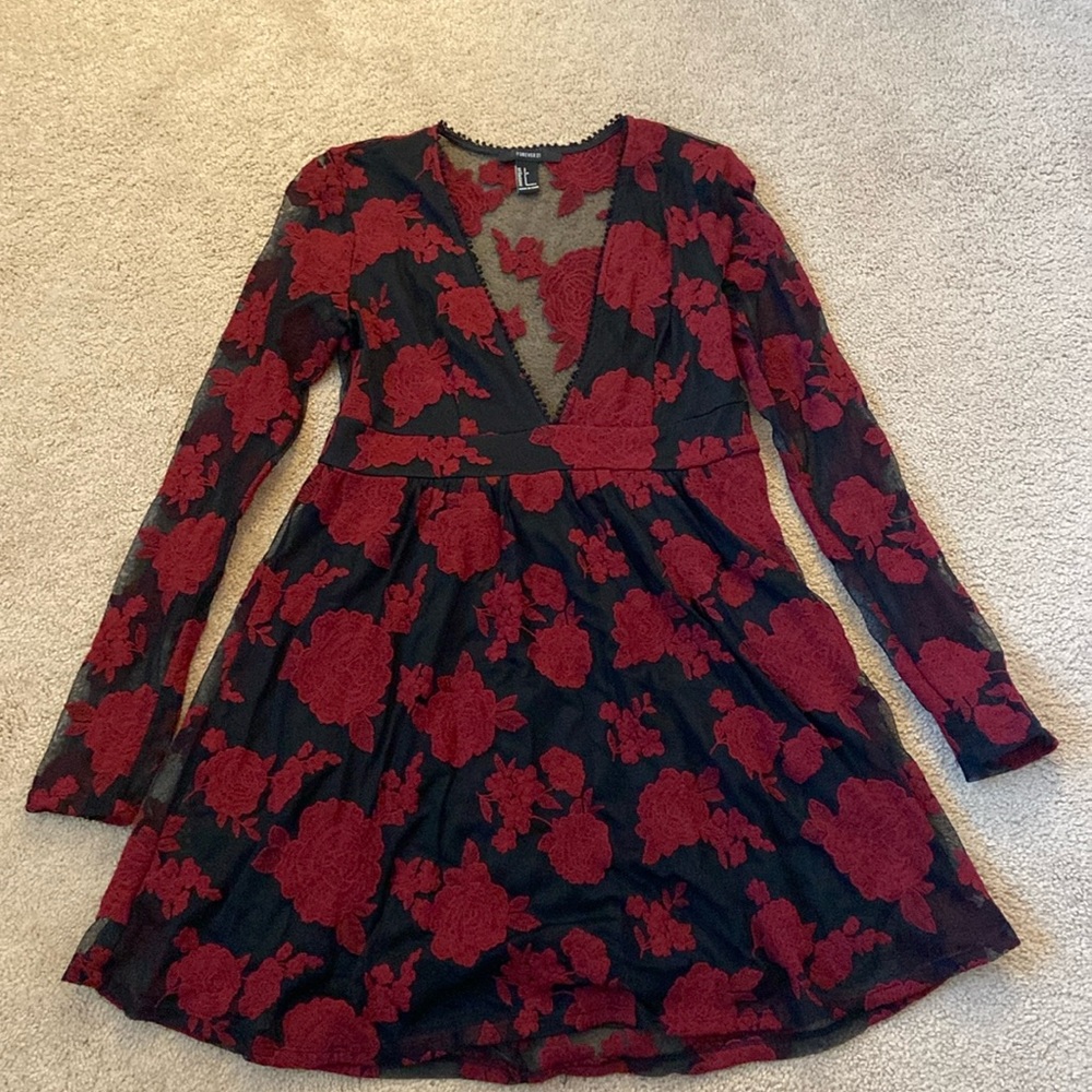 F21 Black and Red Rose Mini Dress